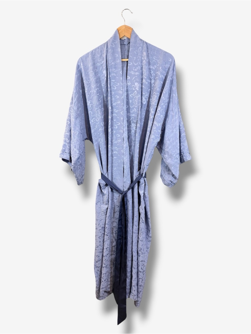 Vintage DreamSacks 100% Silk Jacquard Kimono Robe Blue L XL Asian Motif